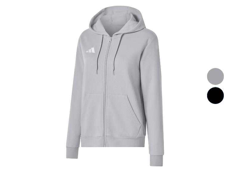 Grijze hoodie met rits en wit logo, verkrijgbaar in grijs en zwart.
