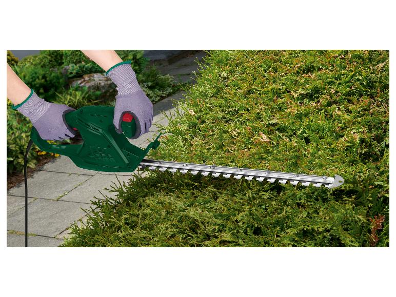 Iemand gebruikt een groene elektrische heggenschaar van het merk Scheppach om een haag te snoeien.