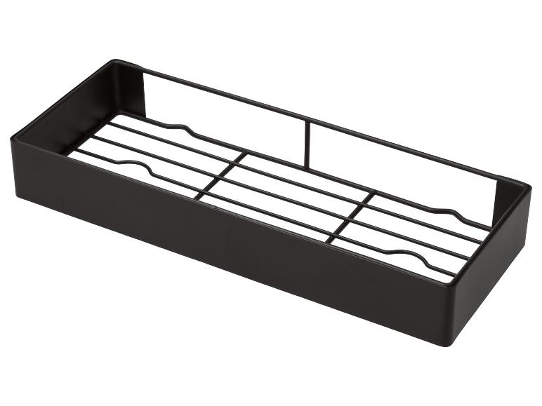 Zwart rechthoekig metalen doucherekje met draadbodem.