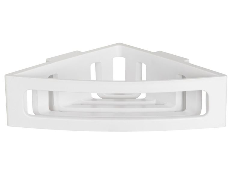 Een witte driehoekige hoekplank voor in de badkamer.