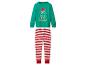 Kinderkerstpyjama met een groen shirt met lange mouwen en rood-wit gestreepte broek.