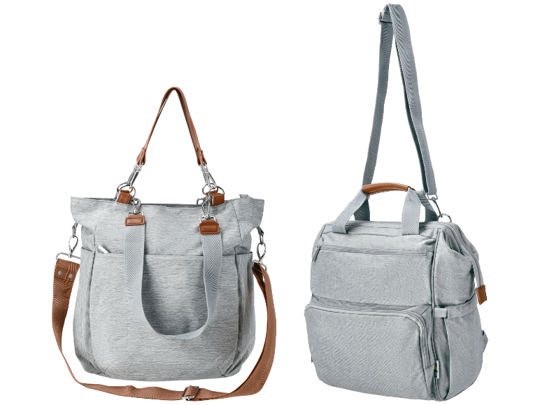 Twee grijze tassen: een grote handtas en een kleinere rugzak.