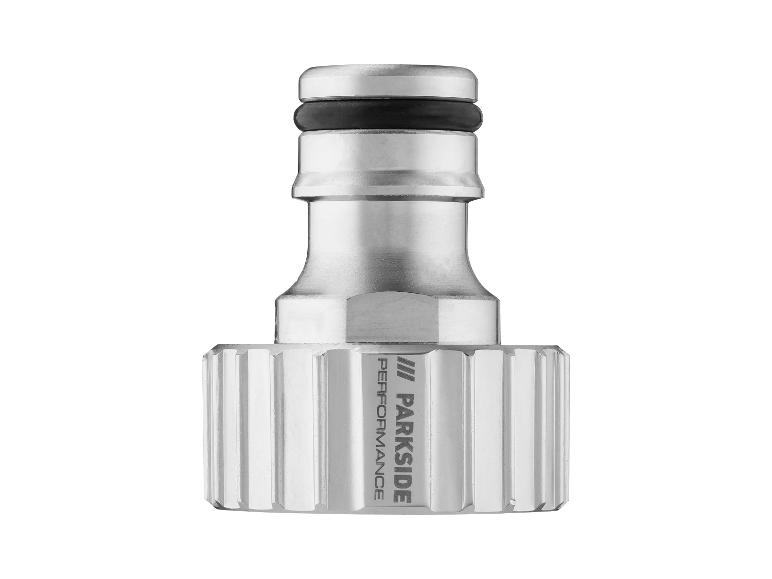 Zilverkleurige metalen Parkside Performance slangadapter met zwarte afdichtring.