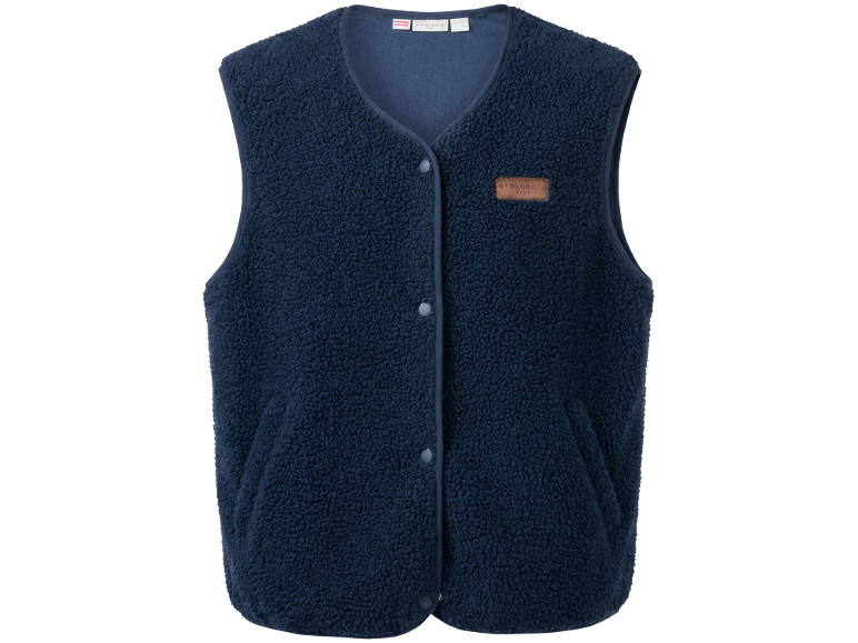 Donkerblauwe teddy bodywarmer met drukknoopsluiting.