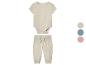 Baby set: romper en broek van katoenen mousseline, diverse kleuren.