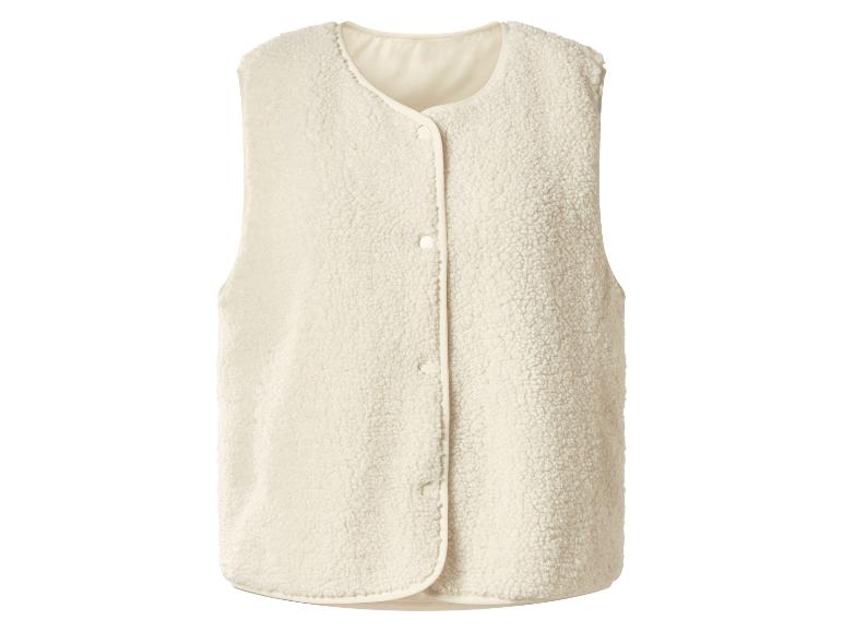 Beige damesvest van zacht pluche, met knoopsluiting.