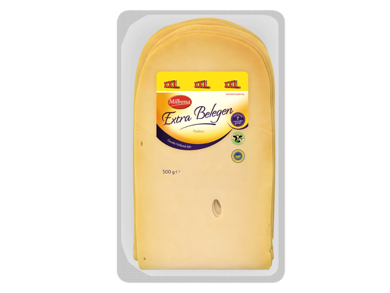 Milbona Extra Belegen plakken Gouda Holland 48+ kaas in een verpakking van 500 g.