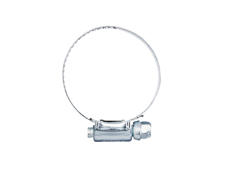 Een metalen slangenklem met schroefmechanisme.