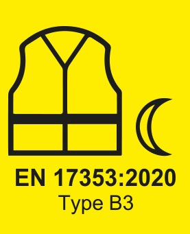 Label EN 17353:2020 Type B3 met pictogram van reflecterend vest en halve maan.