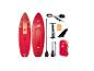 Paddleboardset met twee rode boards, pomp, peddel, vin en tas.