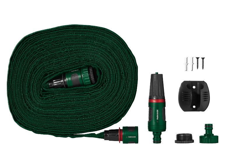 Parkside tuinslangset: uitrolbare slang, koppelingen en wandbevestiging.