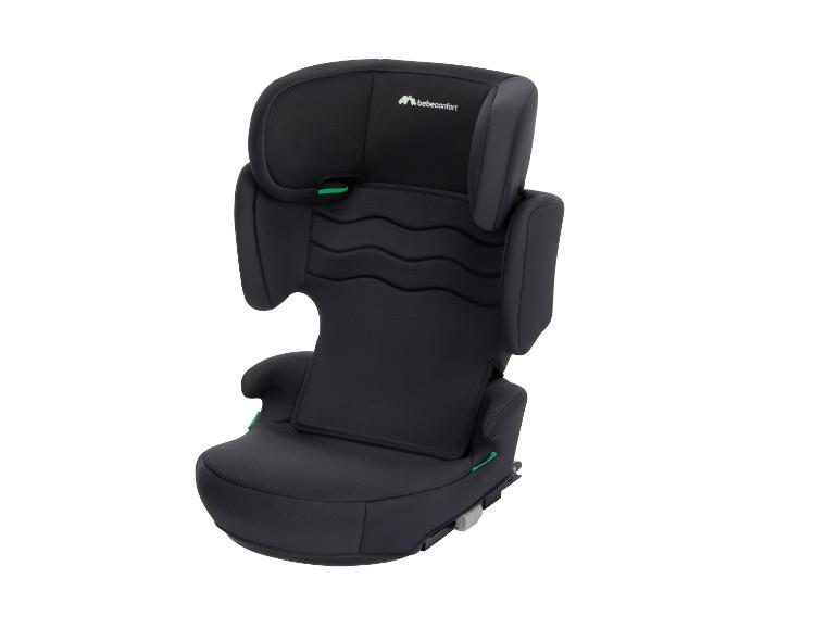 Zwart kinderautostoeltje met groene accenten.