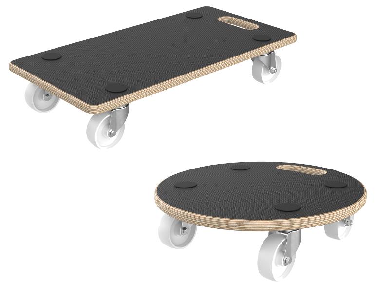 Houten transportkarren met wielen, één rechthoekig en één rond.