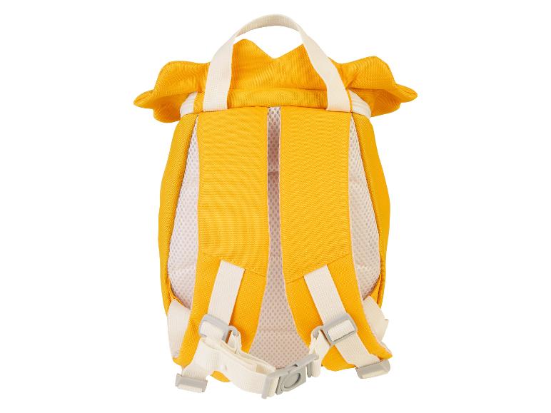 Geel kinderrugzakje met riempjes en gespen.