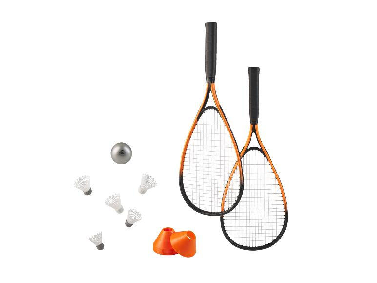 Crivit badminton- en speedmintonracketset met shuttles en pionnen.