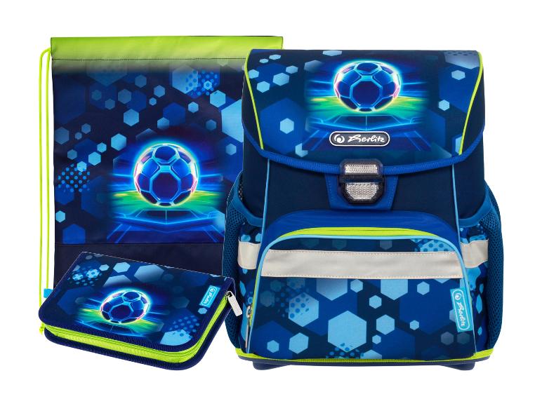 Schoolset met rugzak, gymtas en etui in blauwtinten met voetbalthema.