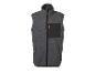 Grijs fleece bodywarmer met zwarte ritsen en oranje accenten.