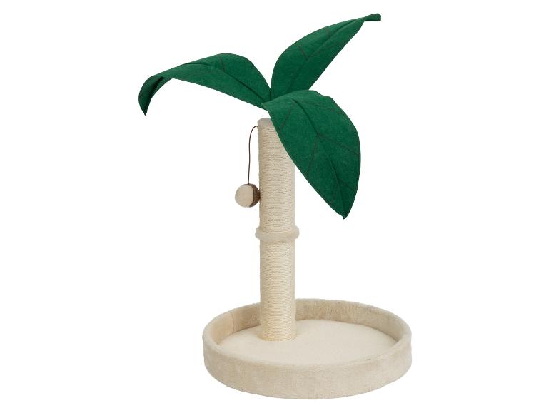 Krabpaal voor katten met een palmboomontwerp, met een sisal omwikkelde paal en een pluche basis.