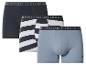 Verpakking van drie heren katoenen boxershorts: één marineblauw, één zwart-wit gestreept en één lichtblauw.