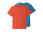 Twee korte mouw T-shirts, oranje en blauw.