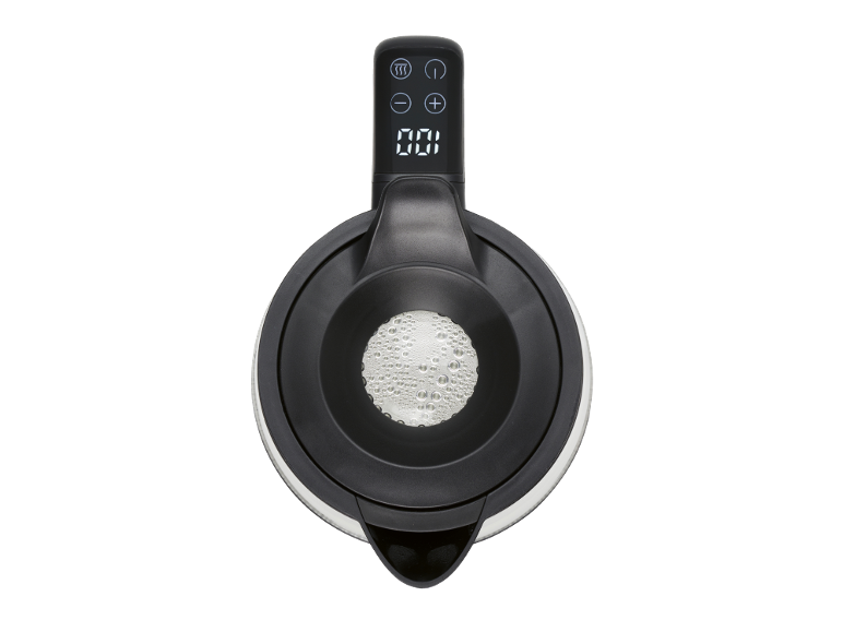 Zwarte waterkoker met digitaal display en bedieningsknoppen.