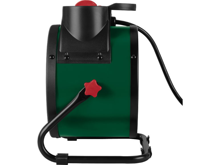 Zijaanzicht van een groene en zwarte elektrische ventilatorkachel met een rode knop en handvat.
