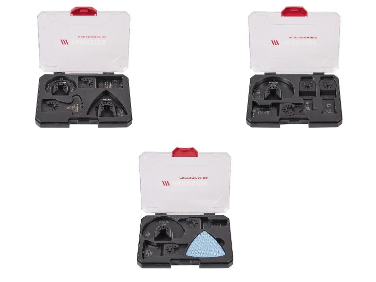 Drie sets accessoires voor oscillerende gereedschappen met zaagbladen en schuurpads.