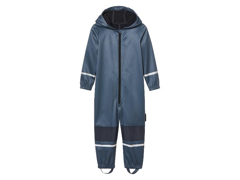 Donkerblauw kinder overall met capuchon en reflecterende details.