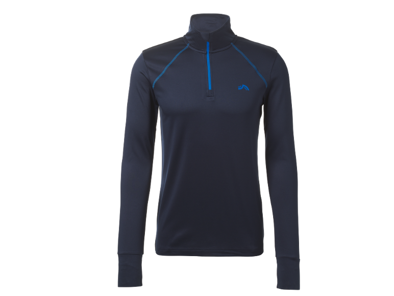 Donkerblauwe longsleeve met rits en blauwe stiksels.