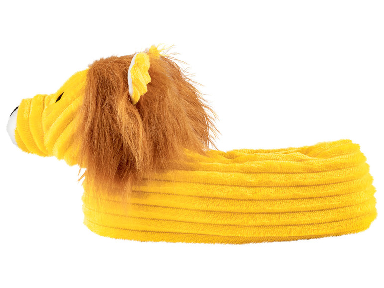 Gele pantoffels in de vorm van een leeuw.