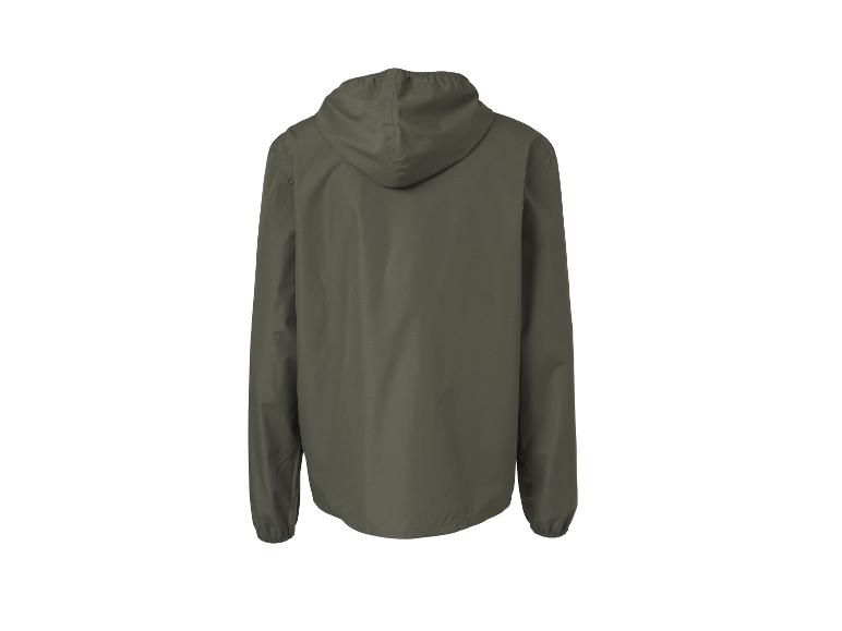 Groene herenjas met capuchon, achteraanzicht.