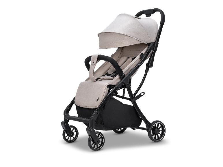 Lichtgewicht beige en zwarte kinderwagen met zonnekap en opbergmand.