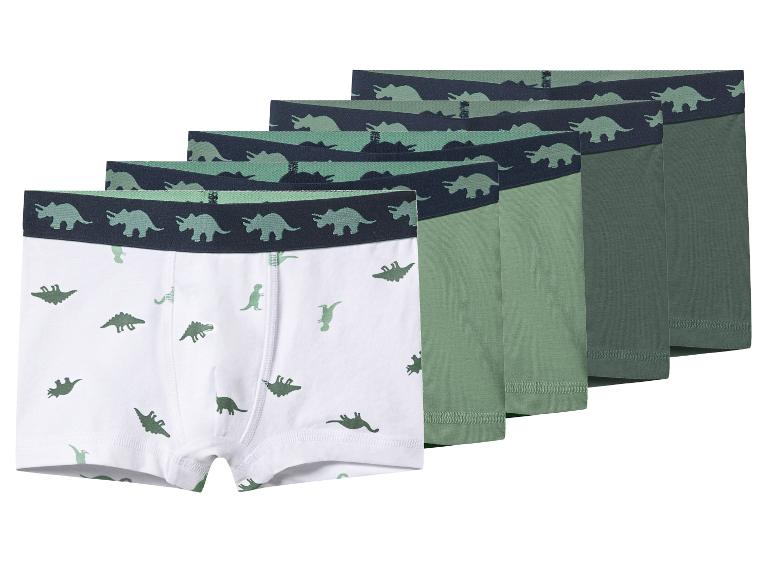 5-pack kinderboxershorts met dinosauruspatroon in wit en groentinten.