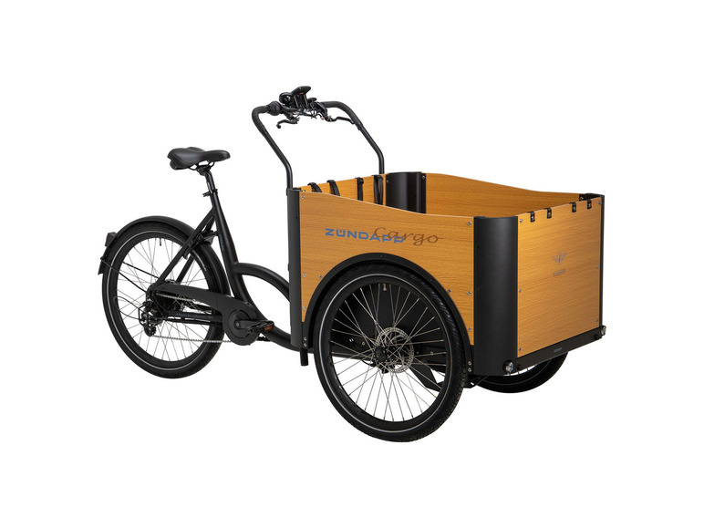 Een zwarte Zündapp Cargo e-fiets met houten laadbak.