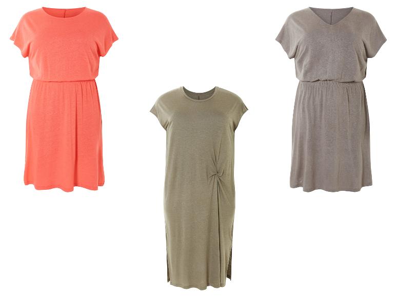 Drie zomerjurken: koraal, taupe en kaki.