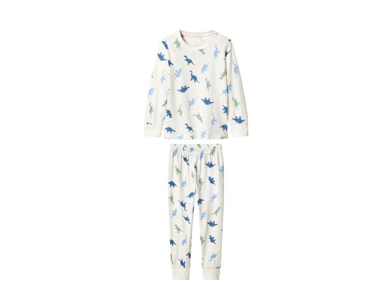 Wit pyjamaset met lange mouwen en dinosaurusprint in blauwe en groene tinten.