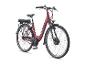 Rode elektrische fiets met bagagedrager en voorlicht.