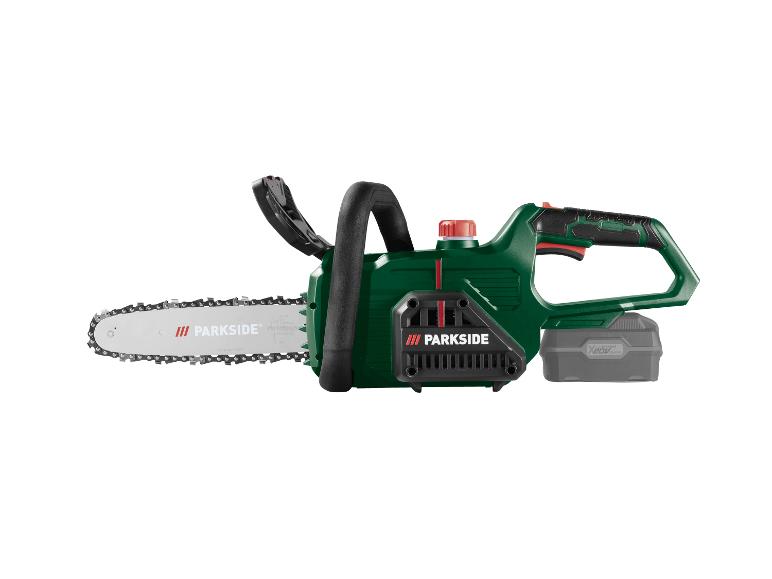 Parkside accukettingzaag in groen en zwart met een X 20V Team accu.