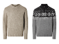 Twee herentruien: een effen beige met ronde hals en een grijs-zwart patroon met halve rits.