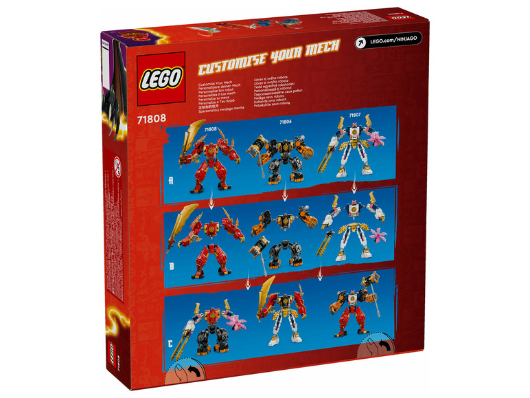 LEGO Ninjago-bouwsets voor twee robots: één rood en één wit-goud.