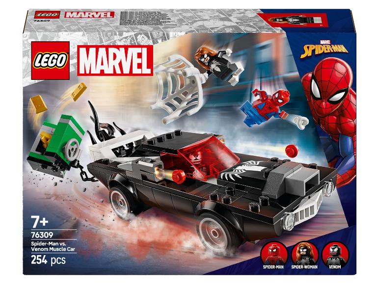LEGO Marvel Spider-Man vs. Venom Muscle Car 254-delige set, met Spider-Man, Spider-Woman en Venom minifiguren.