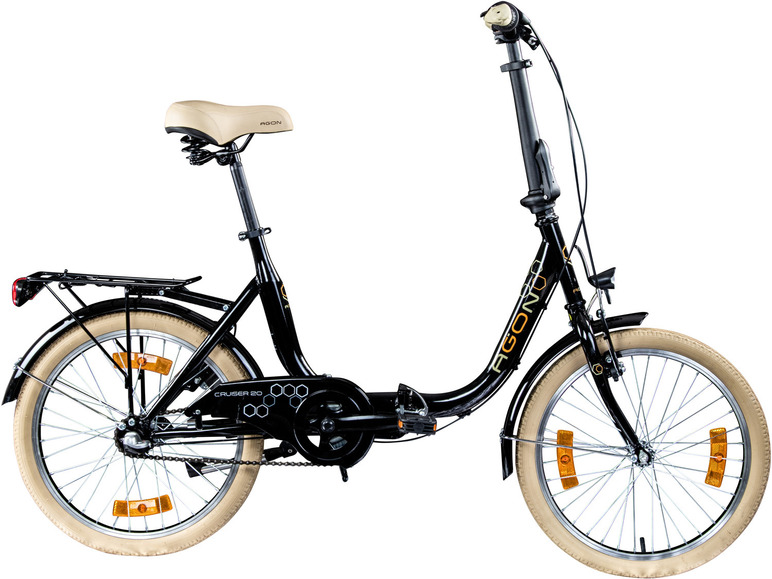 Een zwarte Agon Cruiser 20 vouwfiets met crèmekleurige banden.