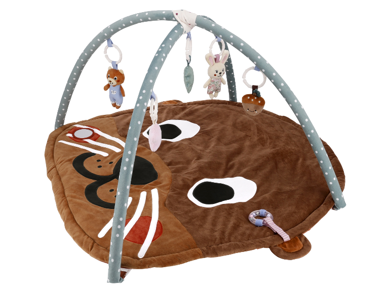 Schattige baby speelmat met boog en lieve hangende speeltjes.