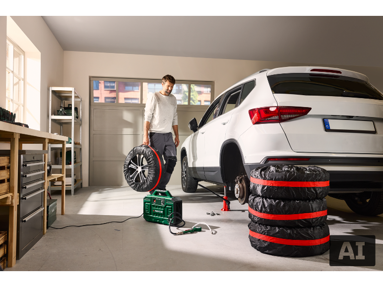 Man in garage verwisselt autobanden, met luchtcompressor en krik.