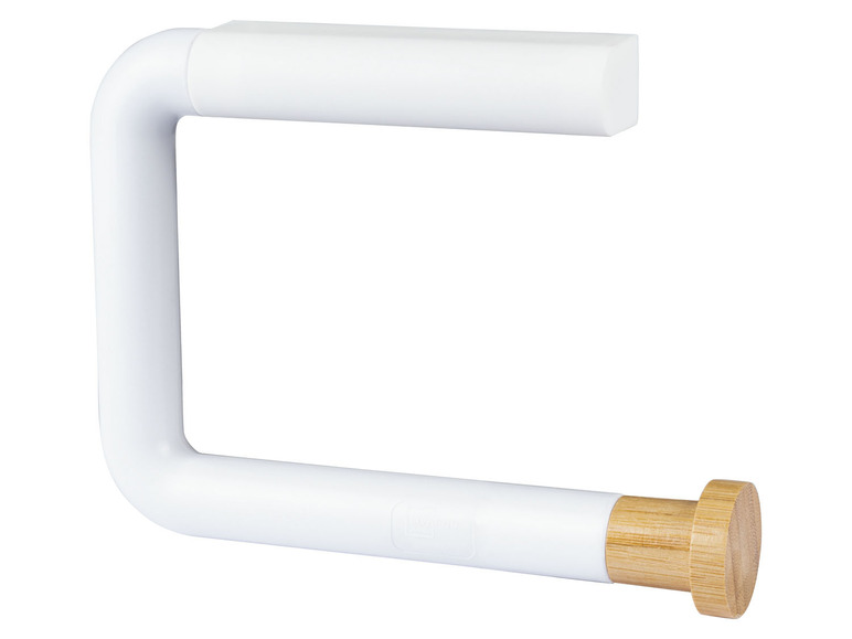Een witte toiletrolhouder met houten details.