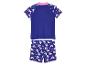Badpak voor meisjes, tweedelig: donkerblauw bovenstuk en onderstuk met regenboog-eenhoorn print.