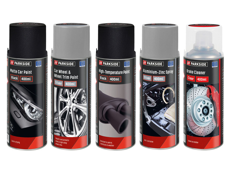 Parkside autolakken: mat zwart, zilver voor velgen, hittebestendig zwart en zilver aluminium-zink spray.