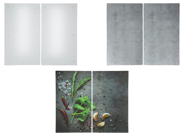 Drie soorten glazen panelen voor de keuken: mat wit, beton grijs en kruiden.