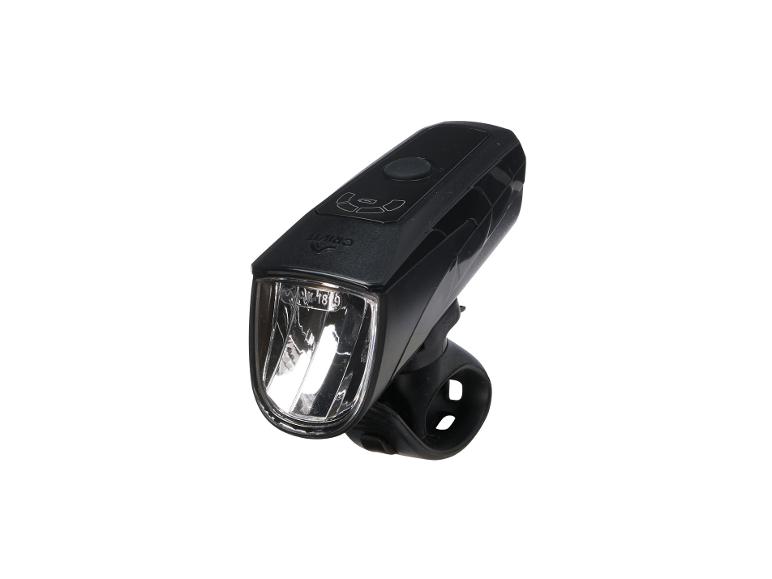 Zwarte Crivit LED fietslamp met montagebeugel.