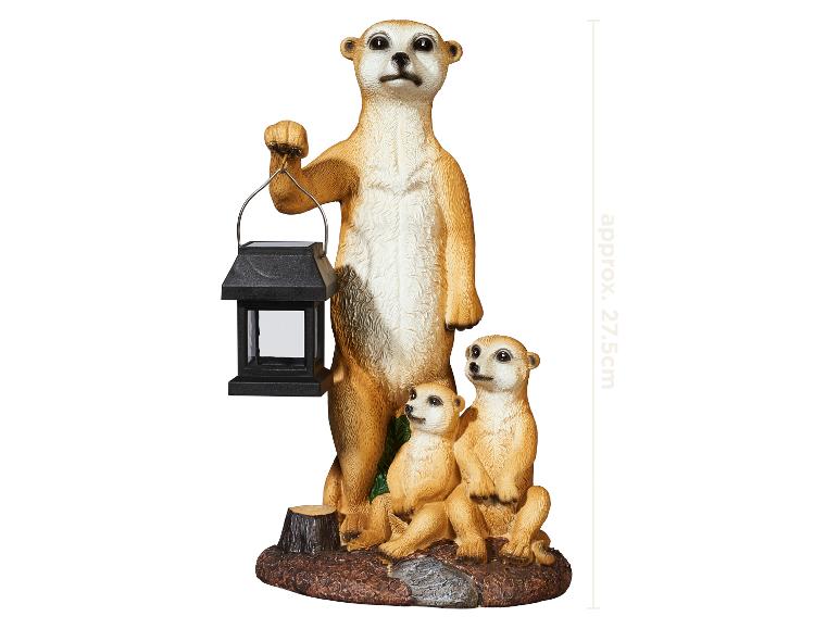 Meerkat familie tuinornament met solarlantaarn, ongeveer 27,5 cm hoog.